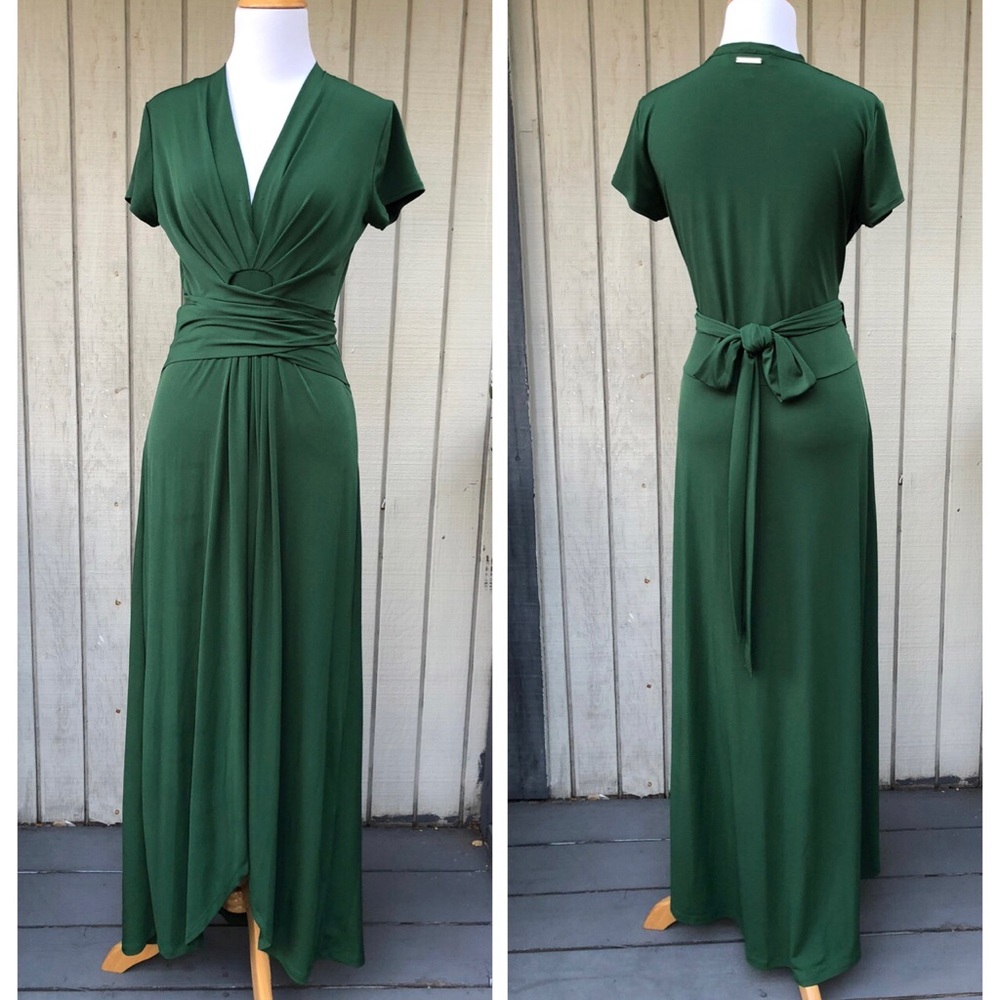 Michael Kors Wrap Pleated Gathered Short Sleeves Jersey Green Maxi Dress size 6